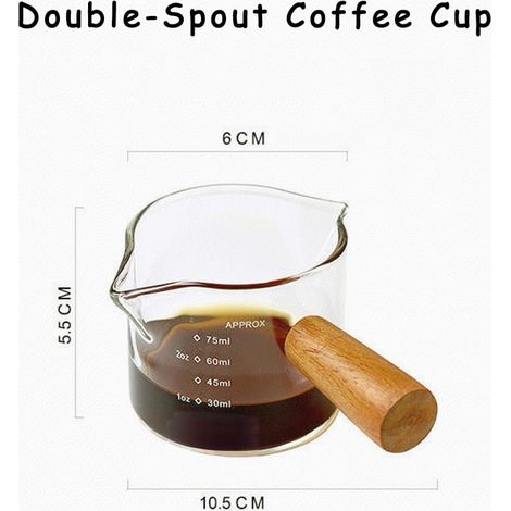 Tasse à expresso monobloc à double bec verseur, poignée en bois, bec verseur en forme de V, verre doseur transparent de 75 ml, mousseur à lait, convient aux gauchers. (1/4)