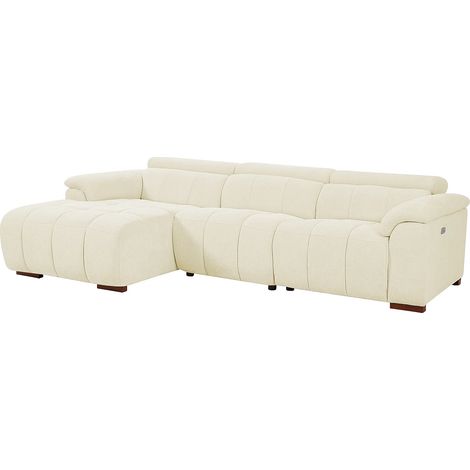 Vente-Unique – Canapé d'angle gauche relax électrique 5 places – Tissu matelassé beige – Inclinaison 180° – Mécanisme Zero wall – Ports USB inclus (1/5)