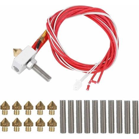 Kit di accessori per stampante 3D: blocco riscaldante + 10 ugelli da 0,4 mm per stampante 3D + raccordo per tubo flessibile per MK8, Anet A8, Alunar M508, CR7, V2 (1/4)