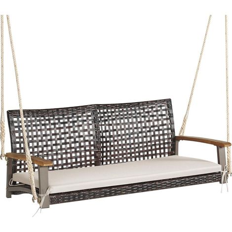 Balançoire suspendue 2 places en rotin PE avec coussin, cadre en acier, pour porche, jardin et terrasse (1/5)
