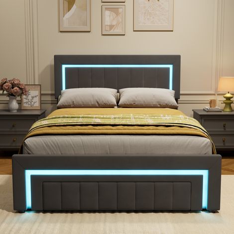 Letto imbottito 140x190 cm, Tessuto velluto, Vano portaoggetti idraulico e luce LED, Rete a doghe inclusa, Grigio (1/5)