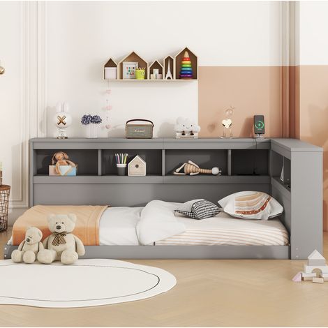 Divano letto in truciolare e MDF grigio 90x200 cm con rete a doghe, presa elettrica e 2 porte USB (1/5)