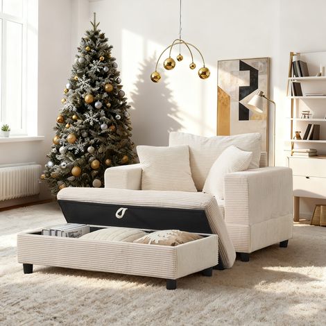 Chaise longue de salón con almacenaje, uso versátil, tapizado de pana, metal y madera, beige (1/5)