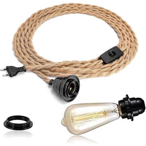 Lustre en corde de chanvre 4,5m – Douille E27 avec interrupteur – Compatible abat-jour – Installation facile pour salon, chambre, bar (1/5)