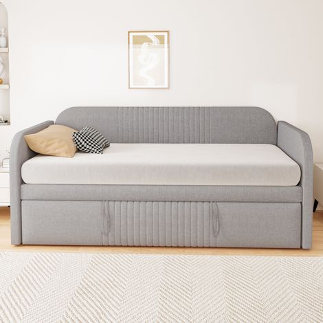 Letto estensibile capitonné 90/180 x 190 cm, rete a doghe, lino grigio chiaro DESVIAE (1/5)
