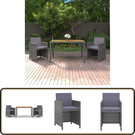 3-tlg. Garten-Essgruppe mit Kissen Poly Rattan Grau - Gartenmöbel - Esstisch - Gartensessel - Rattan Möbel - Outdoor Möbel