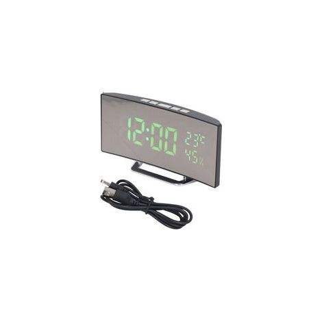 Horloge numérique LED 3 niveaux de luminosité Snooze USB alimenté par batterie miroir électronique réveil avec affichage de la température et de l'humidité lumière verte
