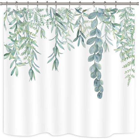 Rideau de douche standard vert sauge à motif de feuilles, 180 x 180 cm, imperméable, avec 12 crochets en plastique.