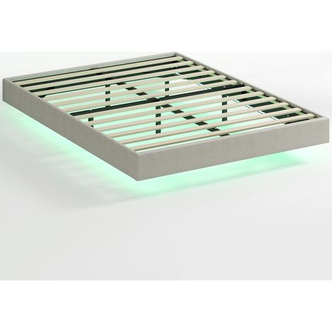 Cadre de lit flottant 140 x 190 cm avec éclairage LED, lit double rembourré en lin, sommier à lattes en bois, beige (1/5)