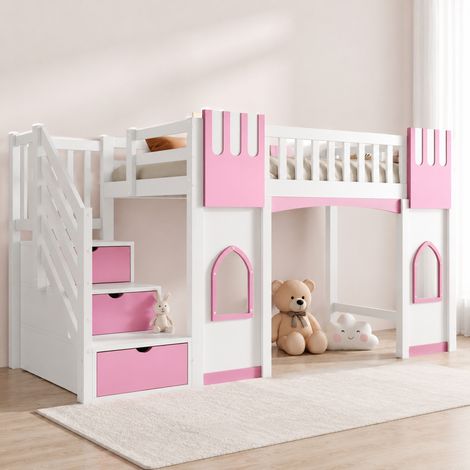 MEUBLIV Letto a soppalco 90x200 cm bianco e rosa – scala contenitore, senza materasso (1/5)