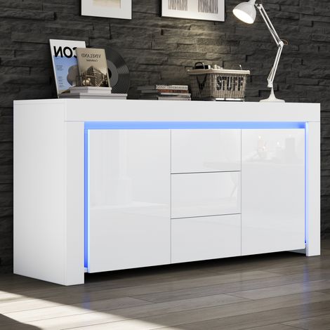 Sideboard (140 x 40 x 65 cm), mit 2 Türen und 3 Schubladen, LED Lichtstreifen, Hochglanzoberfläche, MDF, Weiß (1/5)