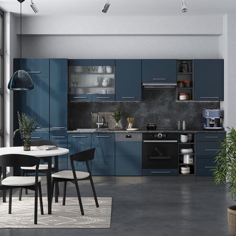 Cuisine Fame-Line, Bleu foncé brillant/Anthracite, 355 cm sans plan de travail, Vicco
