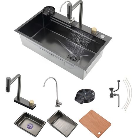 Küchenspüle, 304 Edelstahl Nano Spüle, Spüle Küche 1 Becken, Wasserfall Küche Spüle, mit Ausziehbarer Wasserhahn, Trinkwasserhahn, GlasspüLer Und Schneidbrett(Schwarz, 80×46x22cm) (1/5)