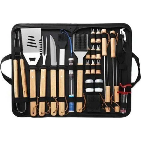 Kit Barbecue - Haute Qualité - Acier Inoxydable - 25 pièces - Marron - Ustensiles de Grill