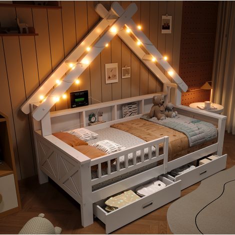 Letto a casetta con pedana 90 x 200 cm in MDF e pino, bianco, con LED, contenitori e sponde (1/5)