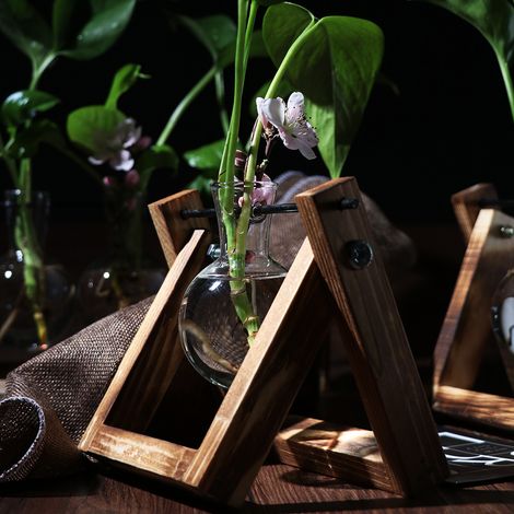 Terrarium vintage pour plantes avec cadre et support en bois, vase en verre, vase de table, pot de fleurs en verre pour la maison et le bureau. (1/5)