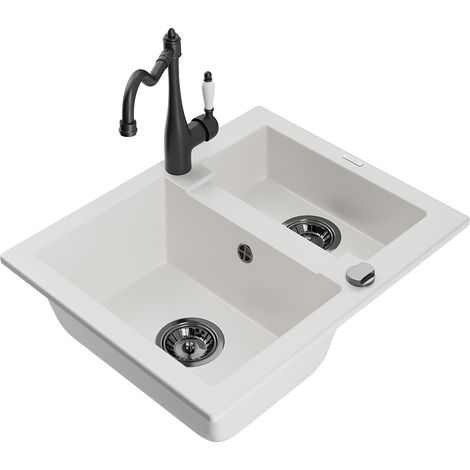 Mexen Carlos fregadero de granito de 1,5 senos con grifo de cocina Carla, blanco - 6518-20-670700-70 (1/5)