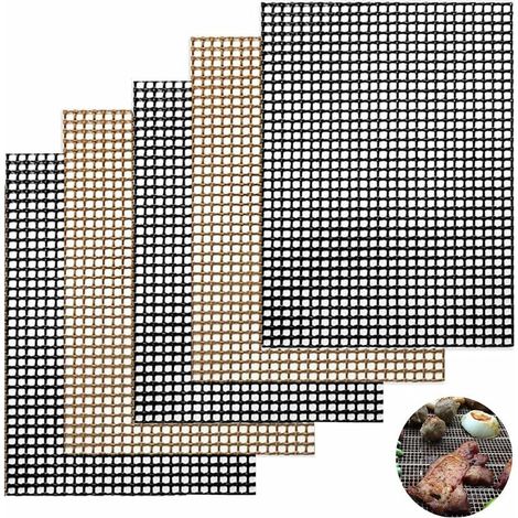 Tapis de gril, 5 grilles de tapis de gril, accessoires de gril antiadhésifs réutilisables pour la cuisson, 40 x 33 cm (noir + marron) (1/5)