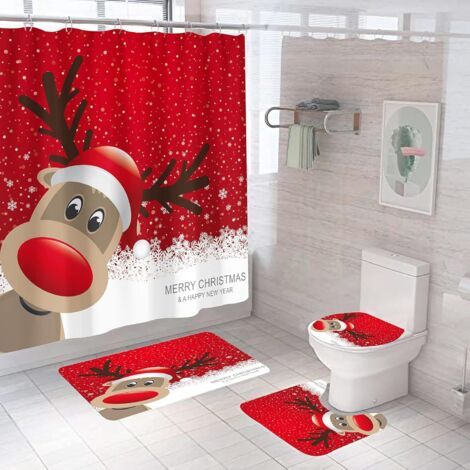 Ensemble de rideaux de douche de Noël, motif renne, imperméable, avec crochets, décoration de salle de bain de Noël (lot de 4) (1/5)