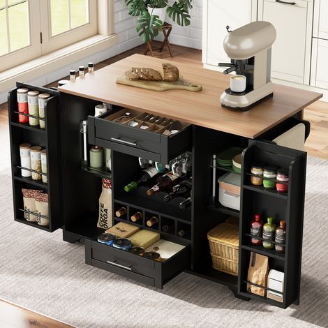 Carrello da cucina con 2 ante e 2 cassetti, vassoio pieghevole, ruote, portabottiglie, portabicchieri, portasciugamani, portaspezie, in MDF, nero (1/5)