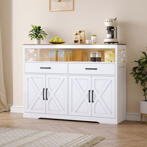 Buffet / Mobile di stoccaggio - Scandinavo - 140x40x105 cm - Bianco e legno chiaro - 2 porte 2 cassetti