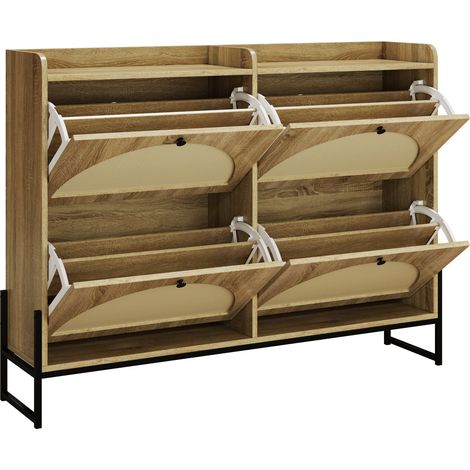 Meuble à chaussures étroit 4 portes abattantes, panneau de particules, bois, 121 x 25 x 91,5 cm (1/5)