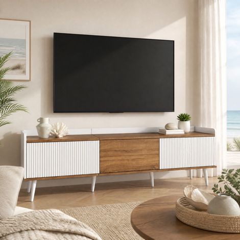 Mueble TV 160x39x49,5 cm blanco y natural, MDF y tablero de partículas con 3 puertas (1/5)