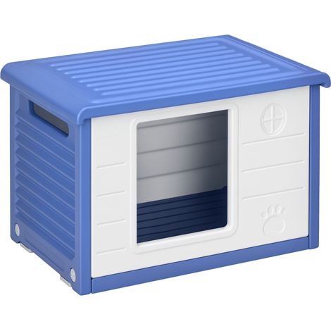 Niche extérieure en plastique bleu et blanc pour chiens, avec bouches d'aération, maison pour animaux de compagnie