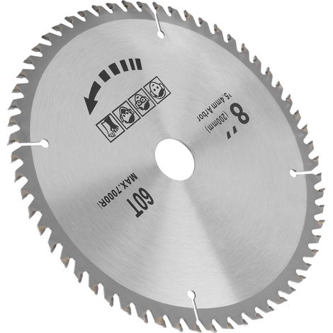 Disque de coupe pour scie circulaire 8 x 60 dents, 200 mm, en carbure cémenté, pour le travail du bois. (1/5)