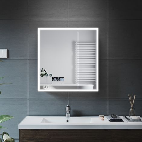 ELEGANT Bathroom LED Mirror Cabinet with Shaver Socket and Bluetooth, Illuminated LED Mirror with Stainless Steel Cabinet, Anti-Fog Bathroom Cabinet 600x630x125mm (1/5)