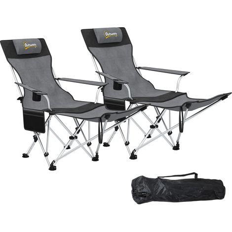 Set aus 2 grauen, verstellbaren Campingstühlen mit Fußstütze, Aufbewahrungstasche, Getränkehalter und Kopfstütze, ideal für Outdoor-Aktivitäten und Reisen.