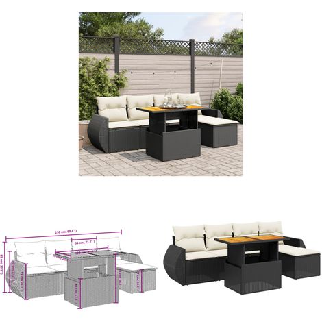 Salon de jardin 6 pcs avec coussins noir résine tressée - Ensemble Salon De Jardin - Meuble Extérieur - Résine Tressée - Rotin Synthétique - Table Extensible - Home & Living (1/3)