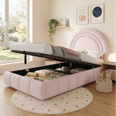 REDOM - Cama infantil 90x200 con almacenamiento hidráulico, terciopelo rosa (Sin colchón) (1/5)