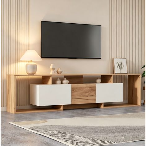 Mobile porta TV 180x30x49 cm con 2 ante a ribalta, 1 anta a battente e 3 ripiani, bianco e legno naturale (1/5)