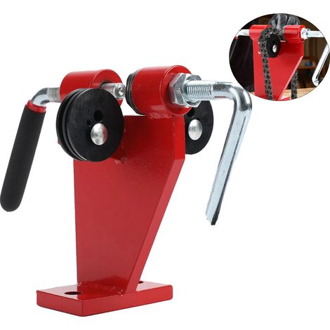 Enroscador de cadena para motosierra, construcción metálica duradera, diseño para montaje en banco, mango ergonómico, rendimiento de remachado eficiente, ideal para mantenimiento profesional. (1/5)