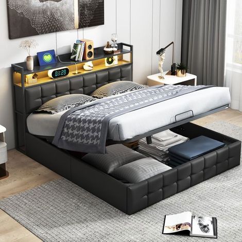 Cama - Capitonné 140x200 cm - Similicuir PU negro - Cofre hidráulico con LED RGB - Puertos USB-C integrados