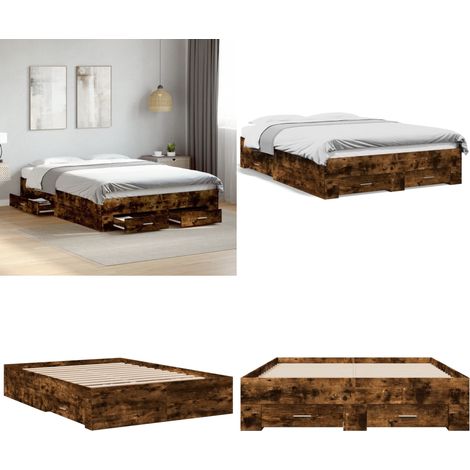 Cadre de lit avec tiroirs sans matelas chêne fumé 120x190 cm - Cadre De Lit - Lit Double - Lit Avec Tiroirs - Meuble De Chambre - Bois D'ingénierie - Home & Living (1/5)