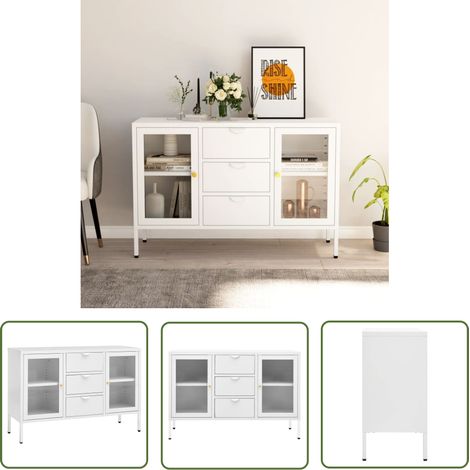 The Living Store Buffet Blanc 105x35x70 cm Acier et verre trempé - Buffet Blanc - Meuble De Rangement - Buffet Moderne - Buffet Industriel - Buffet Cuisine (1/5)