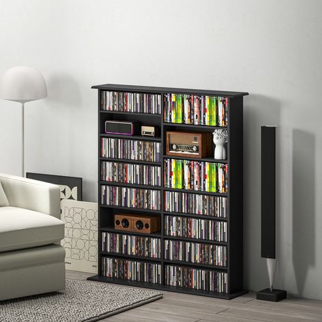Rangements pour CD et DVD avec 16 compartiments et 12 étagères réglables capacité max. 720 CD/396 DVD et Blu-ray noir
