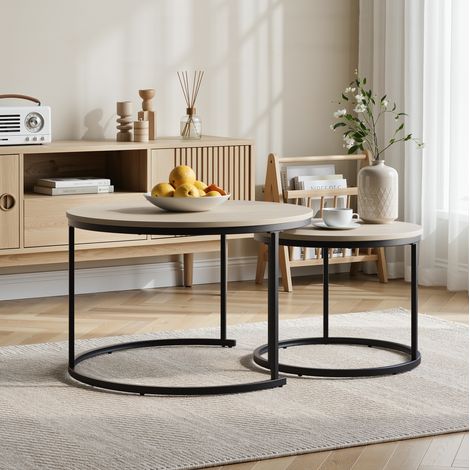 Set de 2 tables basses rondes gigognes, effet chêne, plateau 70 cm, métal noir, style moderne (1/5)
