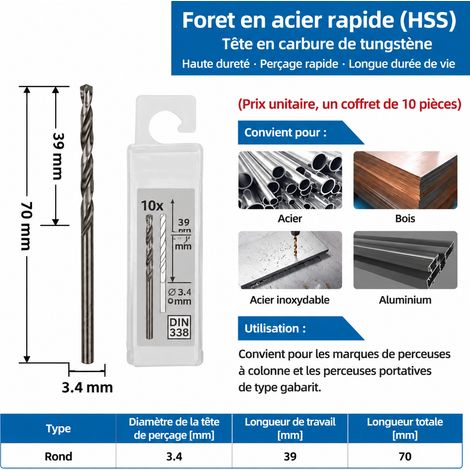 Foret hélicoïdal HSS-Co cobalt métaux queue droite 3.4mm 12 34 3.4 1 × 1 × 1 cm 1 g – Livraison gratuite