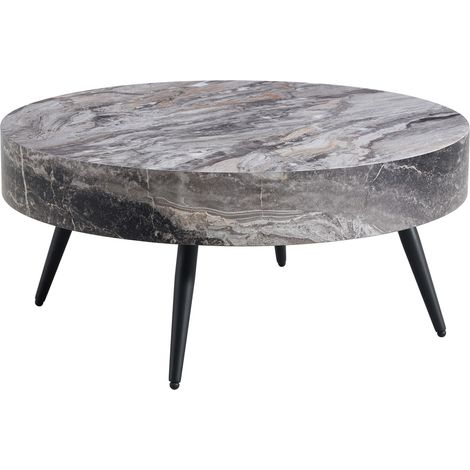 Table basse ronde 70 cm effet marbre gris en MDF, pieds métal noirs réglables, design minimaliste pour salon et petits espaces - CHICFURN (1/5)