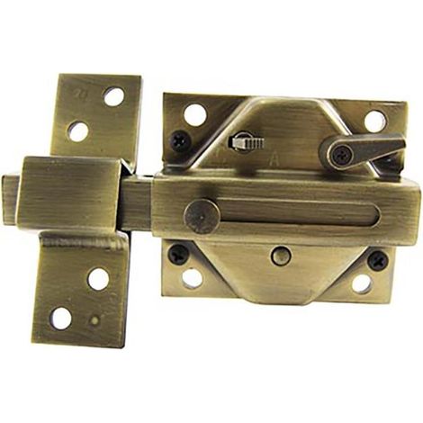 WURKO cerrojo seguridad 2830-85mm latonado 5 ll , Cerrojo Seguridad Latonado envejecido con bombillo redondo de 5cm de largo Con condena, sin picaporte Con llave exterior y (1/3)