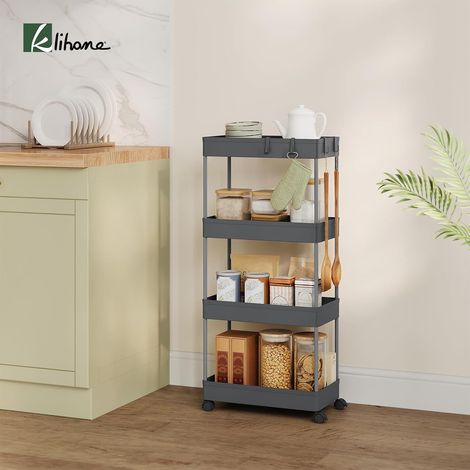Klihome Carrello da Cucina Portaoggetti a 4 Livelli con Ruote e 4 Ganci,39x20,5x84 cm, Grigio