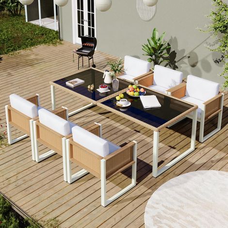Salotto da giardino per 6 persone in rattan sintetico, con tavolo piano in vetro e 6 poltrone con cuscini, set mobili da esterno - Marrone e bianco
