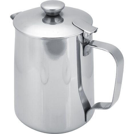 Milchbecher aus Edelstahl mit Deckel, 600 ml Barista-Kanne für Cappuccino, Latte Art und Milchschaum, gebürsteter Edelstahl (1/5)