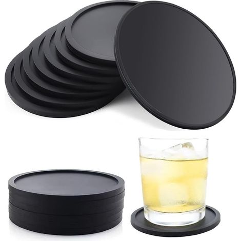 12 Pièces Dessous de Verre en Silicone Noir - Ronde, Antidérapants pour Verre et Boissons,Peut empêcher la tasse de se déplacer sur une table lisse (1/5)