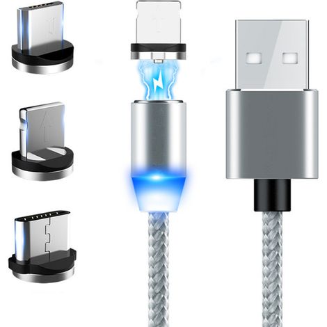 Cable de datos magnético de 2 m de longitud, función de carga rápida USB, cable de carga multifunción 3 en 1 para teléfonos móviles, compatible con conectores Micro-USB y Tipo-C, con indicador LED. (1/5)