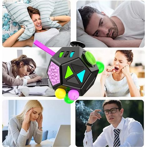 Dé de décompression 12 faces anti-stress pour bureau, école et voyages, jouet sensoriel noir.