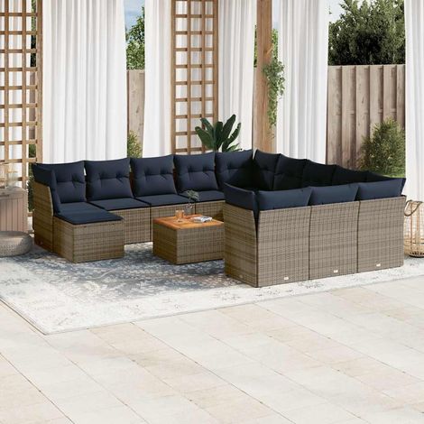 Salon de jardin modulable 13 pièces en rotin PE tressé gris avec coussins bleu marine - PANGIVO (1/5)